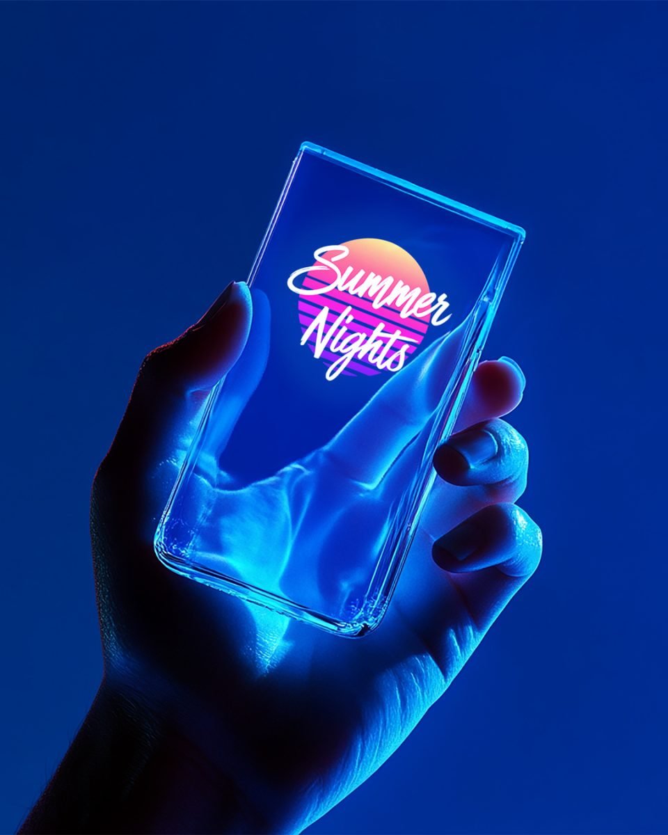 Summer Nights logo on an illuminated transparent card